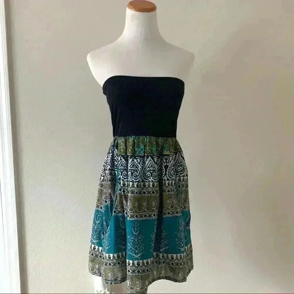 Wet Seal turquoise boho print strapless mini dress - Picture 1 of 4